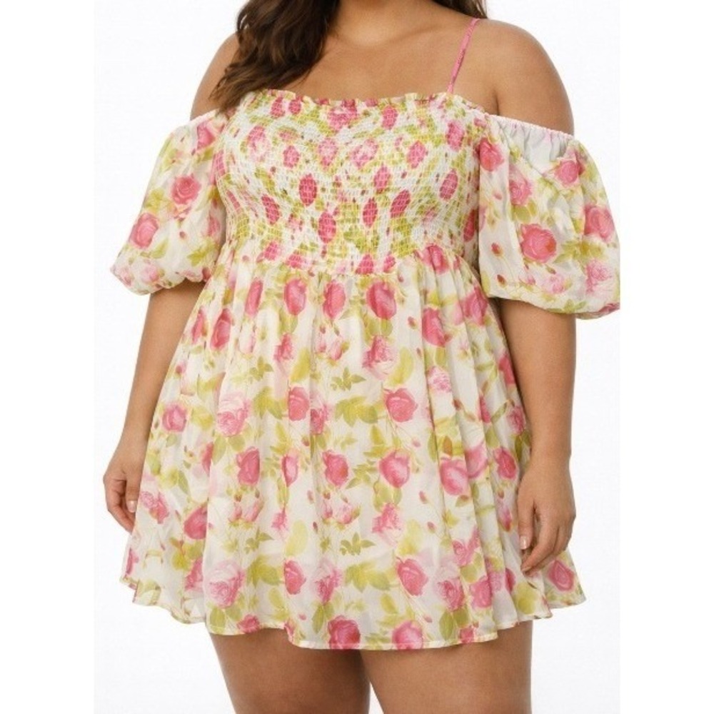 NWT Betsey Johnson Floral Smocked Off Shoulder Dress Ivory Pink XXL